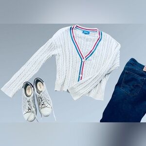 Prince Pickleball White Cardigan with Red and Blue Trim/XL/100% cotton